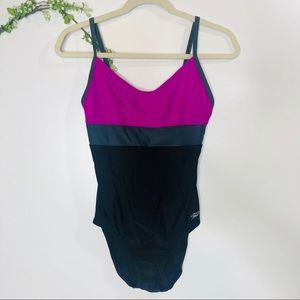 Speedo One Piece Bathing Suit Black Purple Gray